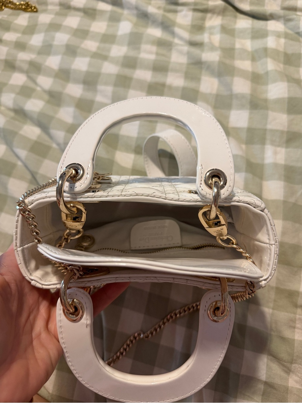 Designer inspired White Quilted Mini Tote Bag with Gold Hardware - Picture 4 of 11